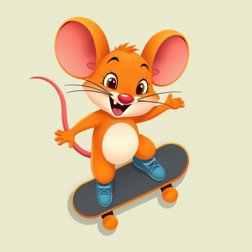 cartoon mouse skating with skateboard, vibrant orange colors, playful expression, minimalist background, Canon EOS R5, 50mm f/1.2, aperture f/2.8, ISO 100, top-down view, flat design style