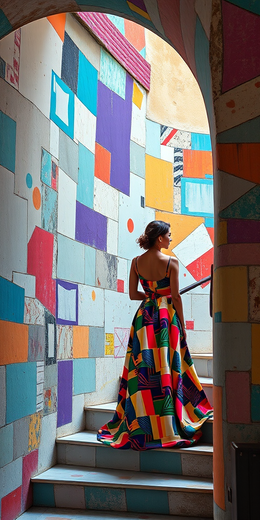 Create a vibrant and colorful abstract painting of a woman in a stylized dress standing beside a spiral staircase, with intricate geometric patterns and textures, taken with a Canon EOS R5, 50mm f/1.8 lens, aperture set to f/4, shutter speed at 1/125 sec, ISO 100, and soft natural lighting to enhance colors and details.