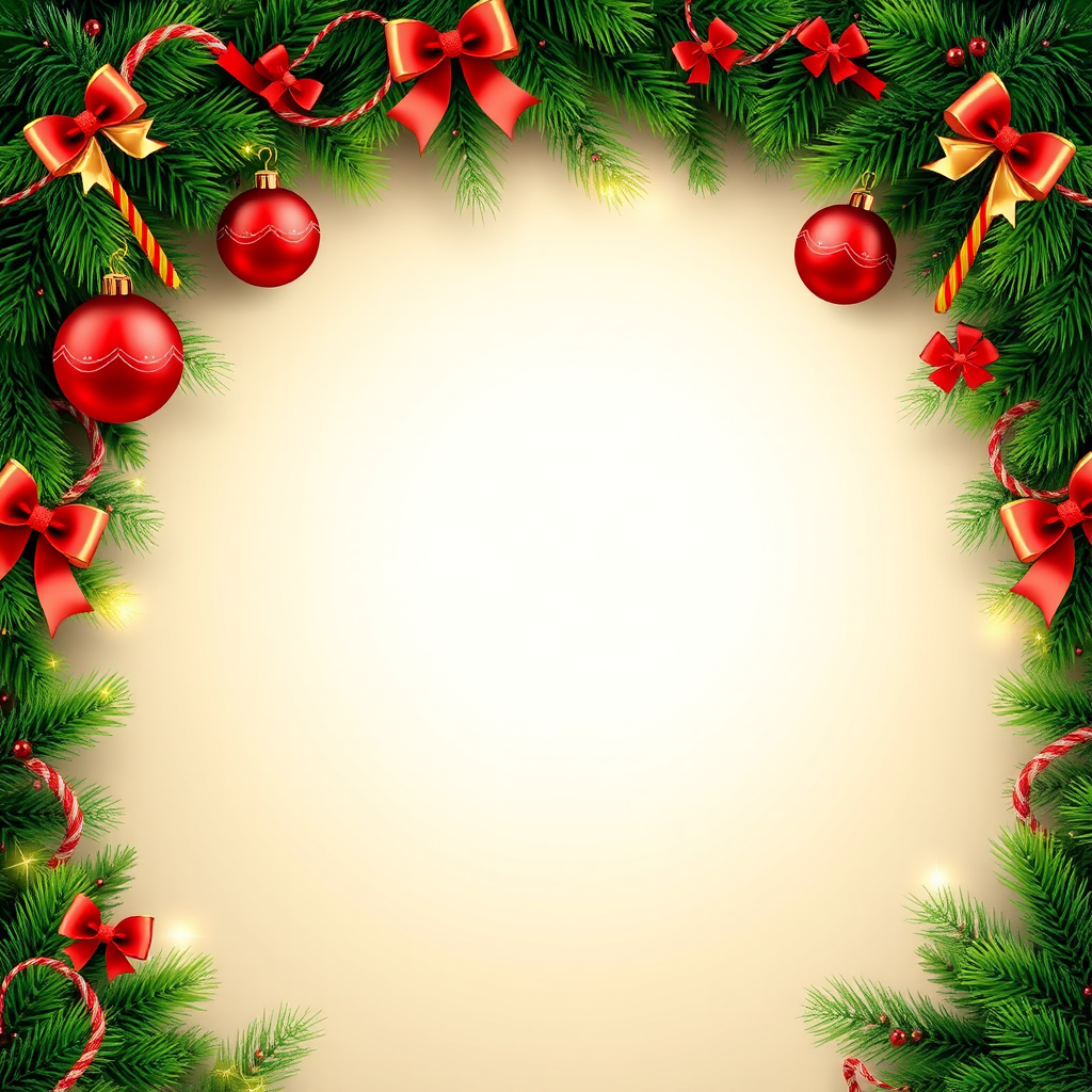 Create an image of a festive holiday background with a lush green pine border adorned with red and gold ornaments candy canes and ribbons at the top while the center features a soft glowing light effect with sparkling stars and a light beige backdrop for a warm and cheerful atmosphere.
