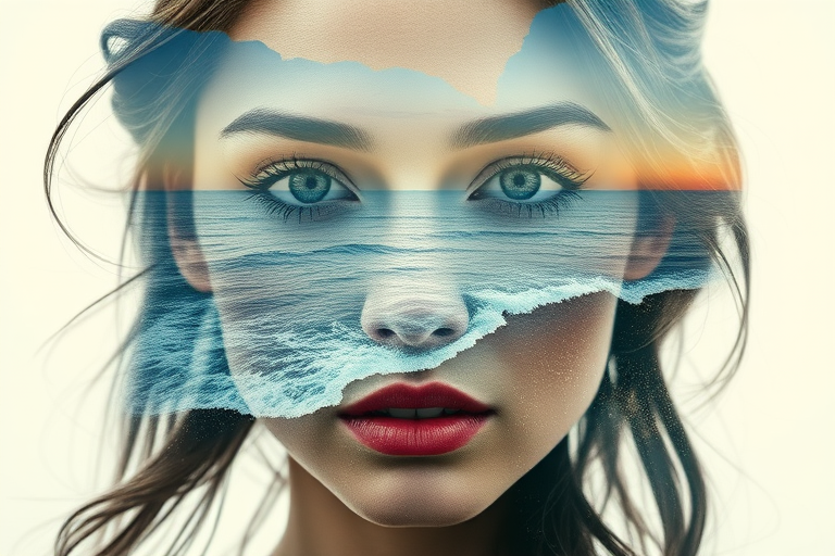 this photo is Book cover, A surreal double exposure portrait that blends a woman's face with a beautiful seascape. The overall mood is dreamy and mystical, with rich colors and intricate details