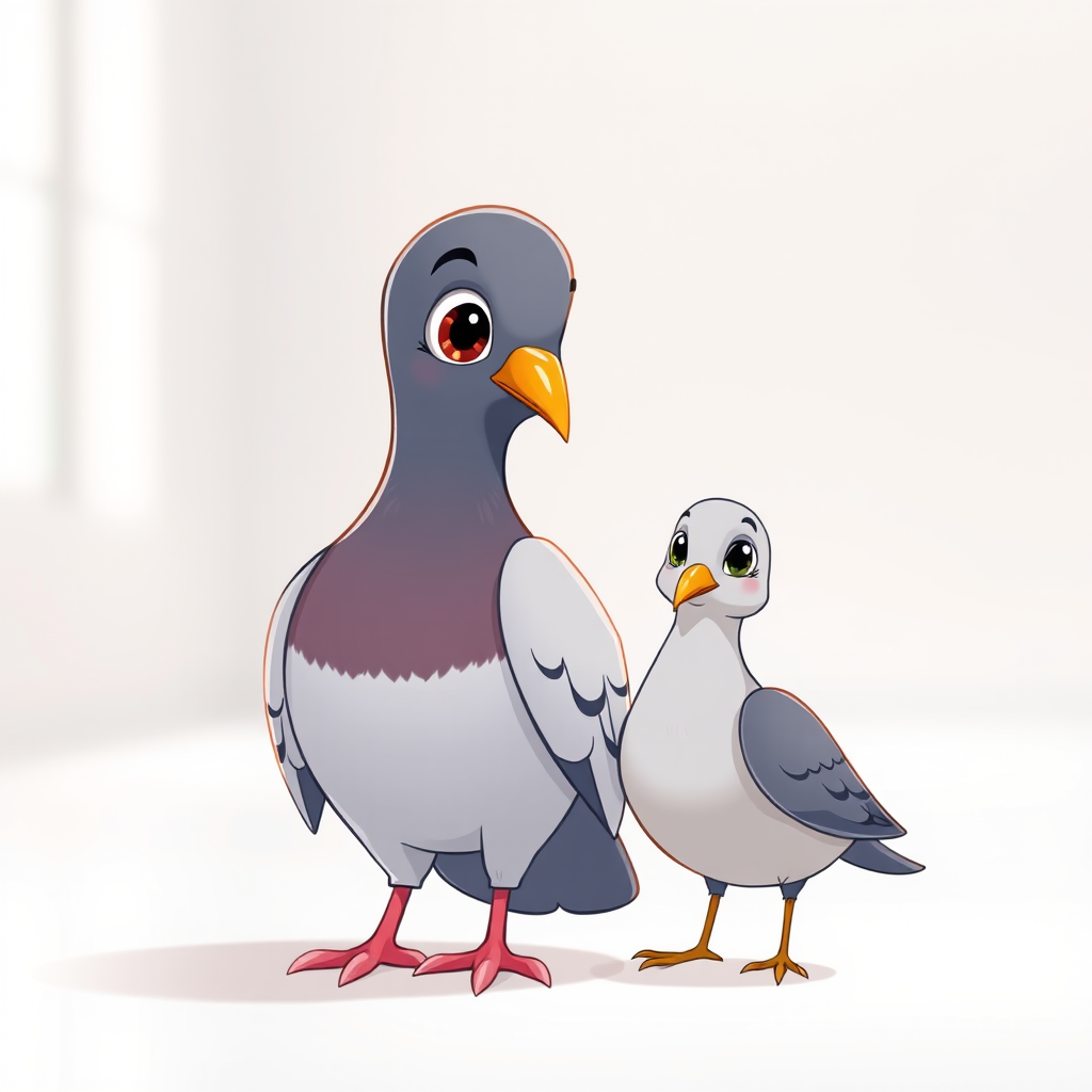 Create a high-resolution illustration of a cartoon pigeon standing next to a smaller cartoon pigeon, using a DSLR camera with a 50mm lens, f/1.8 aperture, ISO 100, and a shallow depth of field, in a bright studio setting with soft lighting.