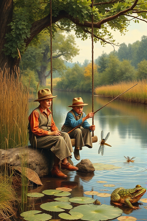 Imagine a small group of old fashioned young boys out fishing by the creek, a swing hanging from a tree branch, reeds and grasses by the water's edge, a frog sitting on a lily pad, dragonflies hovering over som water plans, a very iconic old fashioned scene reminiscent of a Norman Rockwell painting style