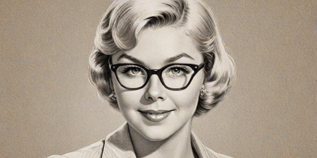 Graceful Doris Day, pencil sketch, portrait of Attractive woman 1920s in glasses, hair style beatnik, outline, clear lines, fine lines, 8k