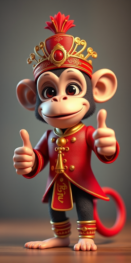Create a highly detailed 3D rendering of a cartoon monkey character in a vibrant red elaborate costume with gold accents, thumbs up gesture, set against a softly blurred gradient background, using a DSLR camera with a 50mm lens, f/1.8 aperture, ISO 100, and 1/200 sec shutter speed for optimal clarity and depth of field.