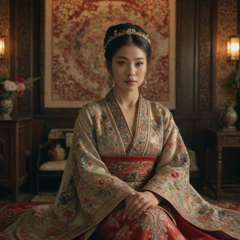 A beautiful Ashkenazi woman in traditional East Asian attire, intricately detailed with embroidered patterns, sitting gracefully in a richly decorated room, soft ambient lighting, serene and elegant, ultra-realistic, 8K resolution