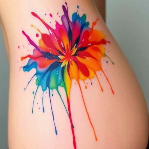 Vibrant watercolor splash tattoo named "Chromatic Cascade" featuring a burst of rainbow hues blending seamlessly into each other creating an abstract masterpiece on the skin with fluid brushstrokes and delicate splatters giving the illusion of paint dripping down the body incorporating subtle white highlights to enhance depth and dimension while maintaining a soft ethereal quality that appears to float weightlessly on the surface