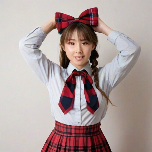 arms behind head, arms up, averting eyes, blush, bow, bowtie, braid, braided bangs, breasts, brown hair, cowboy shot, forehead, grey skirt, long hair, medium breasts, plaid clothes, plaid skirt, pleated skirt, red bow, red bowtie, shirt, shirt tucked in, simple background, skirt, solo, very long hair, white background, white shirt