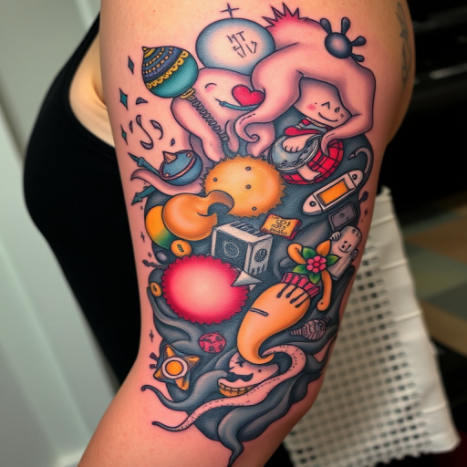 Surrealist tattoo named "Dreamscape Metamorphosis" depicting objects and figures morphing into one another in a flowing, dreamlike composition with a mix of color and black ink