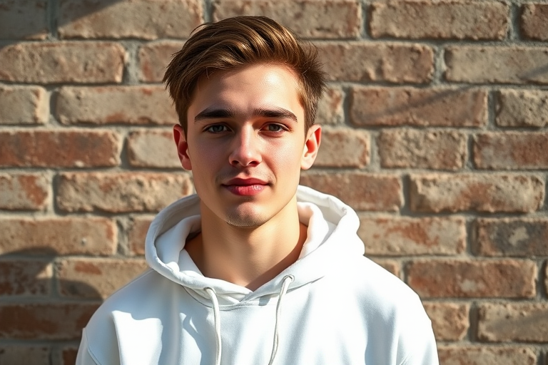 portrait of a young man in a white hoodie against a textured brick wall, soft natural lighting, shallow depth of field, 50mm lens, f/1.8 aperture, ISO 200, high dynamic range imaging, taken with a mirrorless camera