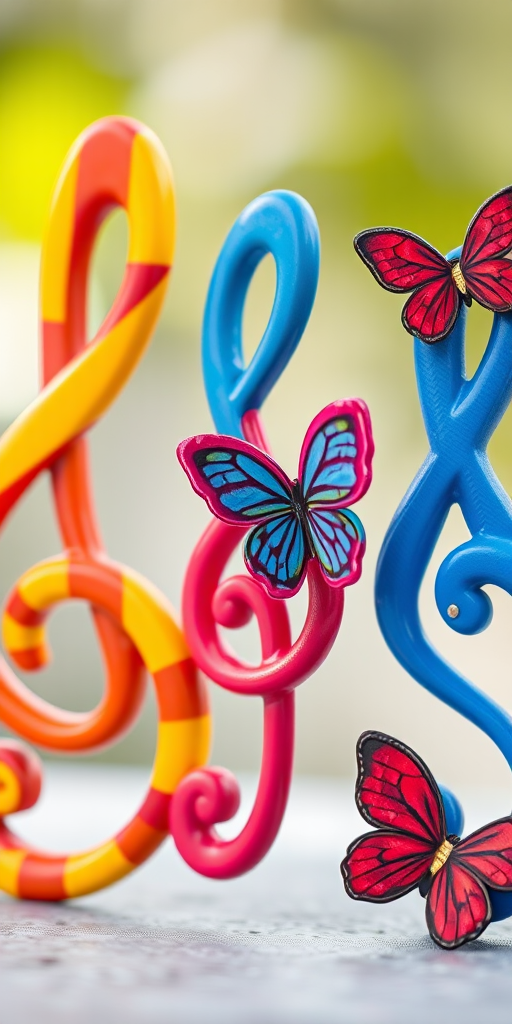 Create an image of three decorative treble clefs in vibrant colors: one with a red and yellow striped pattern, one in blue with a butterfly, and one in deep red with a butterfly, with a soft focus background, shot with a DSLR camera, 50mm lens, f/2.8 aperture, ISO 100, and natural lighting.