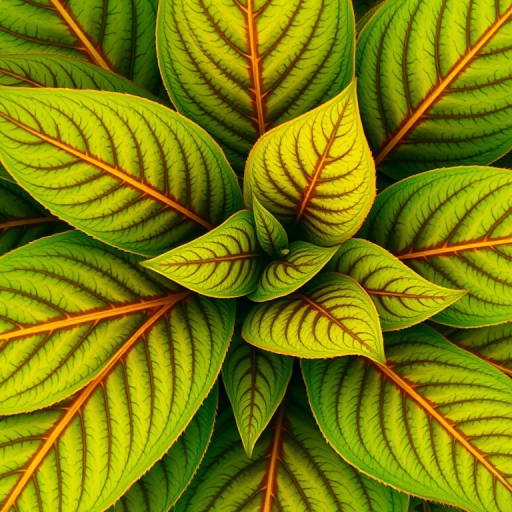 Generate a vibrant illustration of lush green leaves with intricate patterns and soft brown accents, with a depth of field effect; use a macro lens at f/2.8 to enhance details, shot from a top-down view with a DSLR camera for high resolution and clarity.