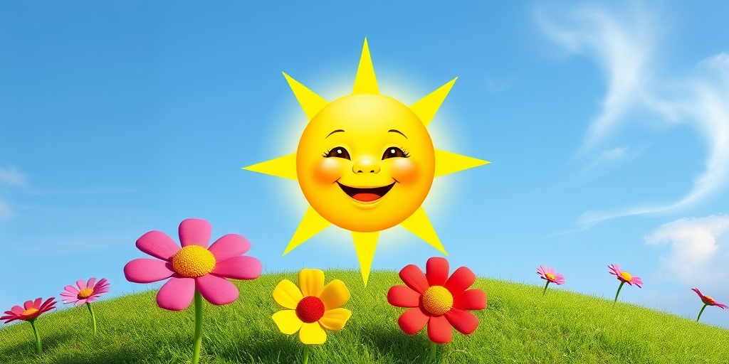 Create an image shows a bright, sun with a smiling baby's face in the center, radiating soft yellow rays. The sun is set against a clear blue sky with a few wispy clouds. Below, there's a lush green grassy hill with colorful, oversized flowers, giving the scene a whimsical, playful atmosphere.