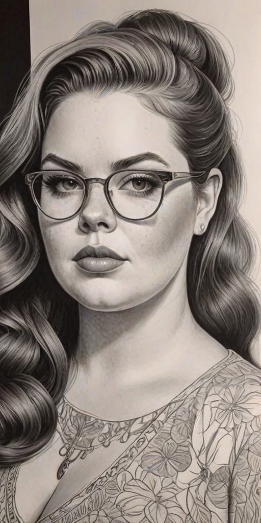 Gorgeous Tess Holliday, pencil sketch, portrait of Radiant woman 1968s in glasses, hair style beatnik, outline, clear lines, fine lines, 8k
