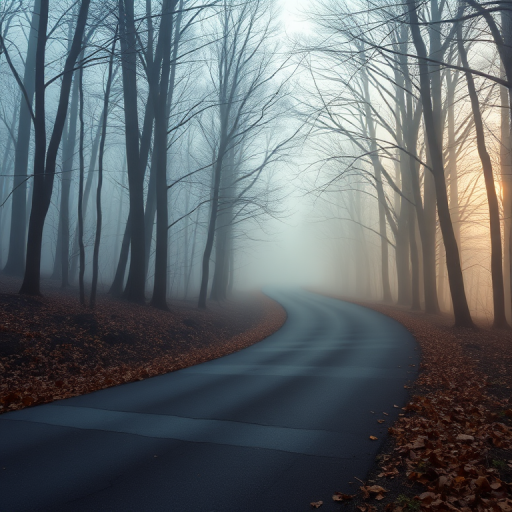 a winding road through a misty forest with bare trees and fallen leaves, capturing early morning light, camera settings: ISO 200, f/4.0, 1/60s, camera view: slightly elevated angle, camera style: landscape photography, camera type: DSLR