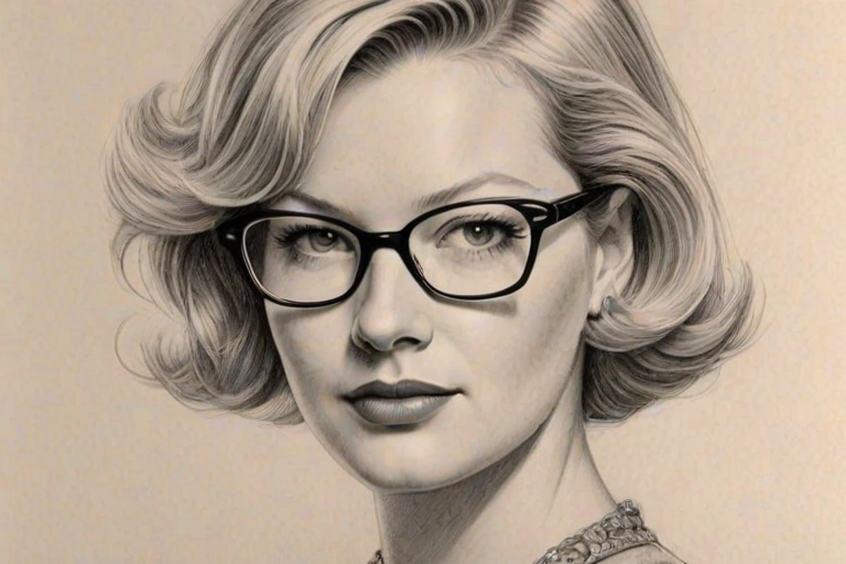 Captivating Gretchen Mol, pencil sketch, portrait of Radiant woman 1959s in glasses, hair style beatnik, outline, clear lines, fine lines, 8k
