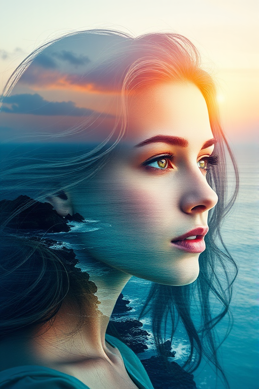this picture is Book cover, A surreal double exposure portrait that blends a woman's face with a beautiful seascape. The overall mood is dreamy and mystical, with rich colors and intricate details