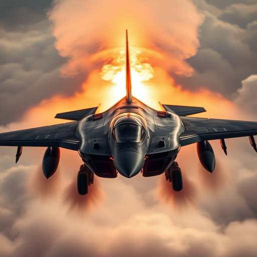 regenerate the image of a fighter jet in a dramatic aerial view with dynamic lighting and smoke effects, using a DSLR camera with a 35mm lens, aperture f/2.8, ISO 400, and a high-speed shutter of 1/1000s, soft focus background, and high contrast colors