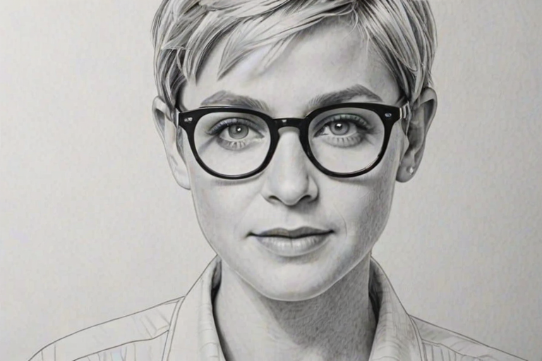 Attractive Ellen DeGeneres, pencil sketch, portrait of Comely woman 1979s in glasses, hair style beatnik, outline, clear lines, fine lines, 8k