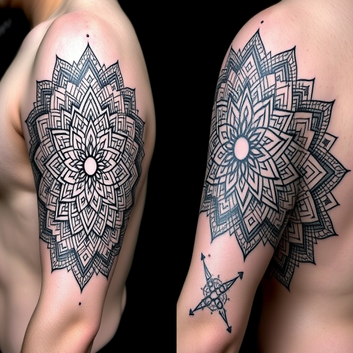 Geometric blackwork tattoo named "Sacred Symmetry" featuring interlocking mandala patterns forming a half-sleeve, incorporating sacred geometry symbols and dot work gradients, creating a mesmerizing optical illusion effect that appears three-dimensional when viewed from different angles