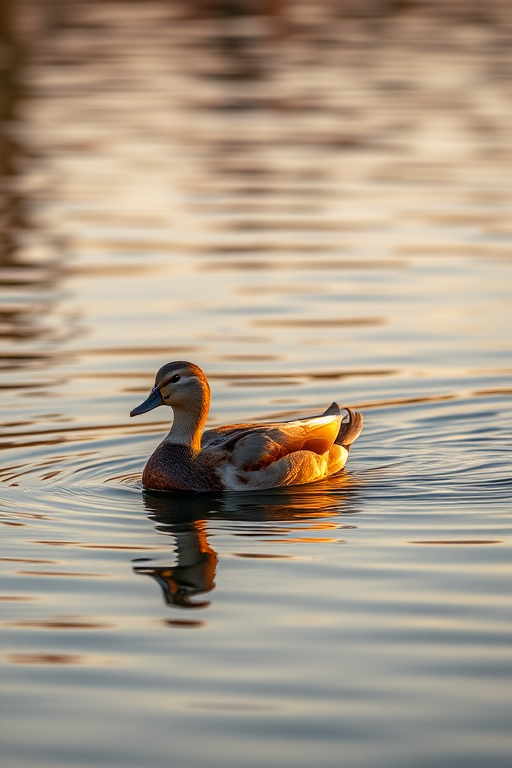 Regenerate a serene image of a duck swimming on a calm water surface during golden hour, captured with a DSLR camera at f/2.8 aperture, ISO 100, 1/200s shutter speed, focal length 50mm, using a shallow depth of field to enhance the reflections in the water.