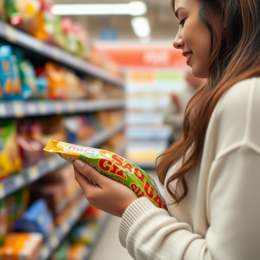 Close-up of a woman shopping in a grocery store, holding a food package, aisle filled with various snack products in the background, shallow depth of field, aperture f/2.8, ISO 400, 50mm lens, natural lighting.