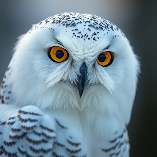 Regenerate a high-resolution close-up of a snowy owl with captivating golden eyes, vibrant feathers, and a soft blurred background, captured with a Canon EOS R5, 85mm lens, f/1.4 aperture, ISO 100, natural lighting.