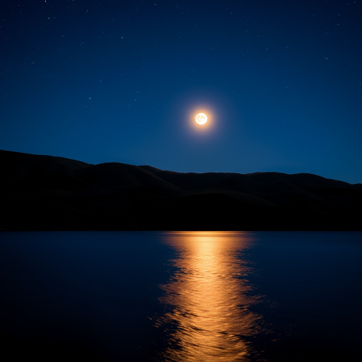 Create a serene nighttime landscape with rolling hills and a calm sea, featuring a large moon and distant stars reflecting on the water, captured with a DSLR camera at ISO 100, f/8, 30 seconds exposure, wide-angle lens, and a low-angle view for enhanced depth and clarity.