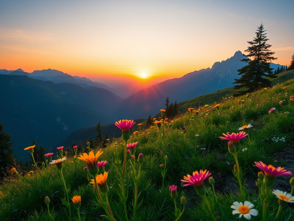 Generate a high-resolution image of a serene mountain landscape at sunrise with a wide-angle lens, f/11 aperture, ISO 100, 1/200 sec shutter speed, captured from a low angle to emphasize the foreground flowers, using a DSLR camera with vibrant colors and sharp detail.