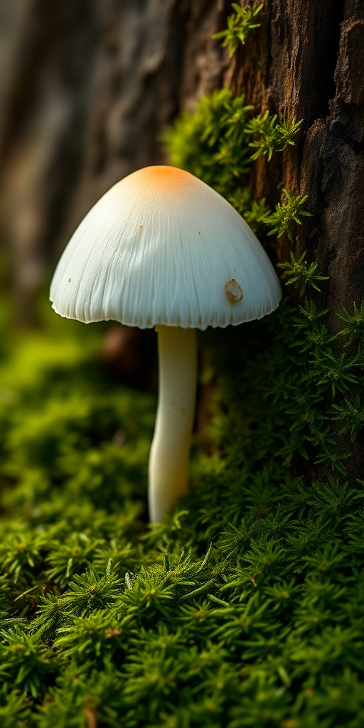 Close-up of a white mushroom growing beside a wooden stump surrounded by lush green moss, shot with a Canon EOS R5, 50mm f/1.2 lens, aperture f/2.8, ISO 400, natural light, macro photography style.