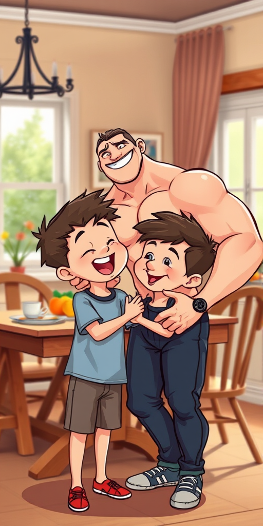 Generate a cartoon-style illustration of a muscular man and a young boy sharing a joyful moment in a cozy dining room, with a wooden table and chairs in the background, shot with a DSLR camera at f/4 aperture, 50mm lens, ISO 200, using a soft focus effect to enhance the warmth of their interaction.