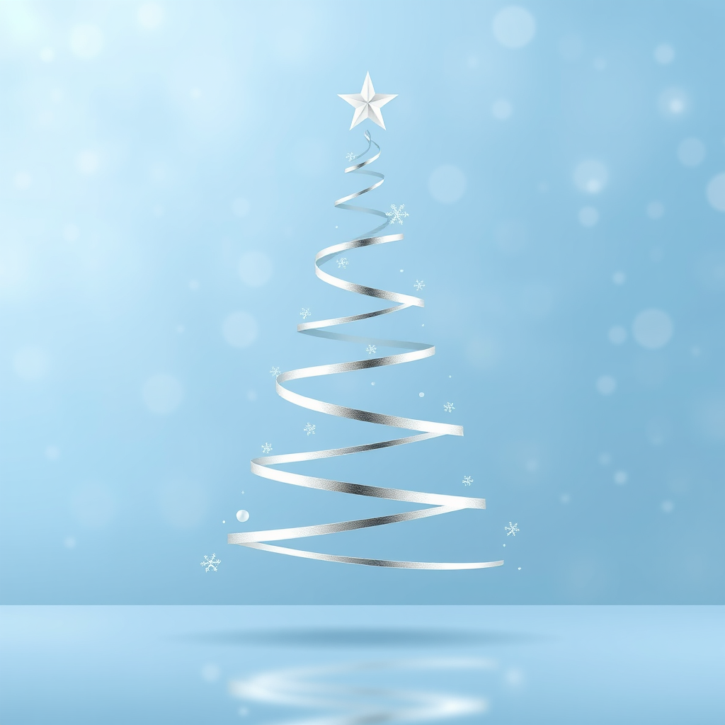 Create a minimalist Christmas tree design featuring silver spirals and stars against a soft blue background with falling snowflakes. The tree should have a modern and elegant look, with a star on top and a smooth, reflective surface. The overall atmosphere should be serene and festive.