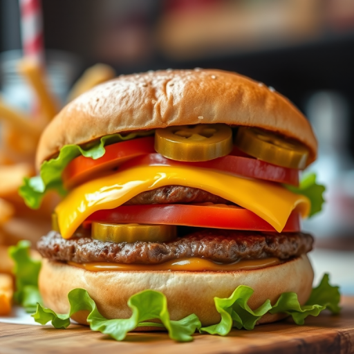 generate a high-quality image of a classic cheeseburger with lettuce, tomato, pickles, and melted cheese, close-up view, soft focus, vibrant colors, DSLR camera settings: ISO 100, f/2.8, shutter speed 1/60s, natural lighting, centered composition, photorealistic style