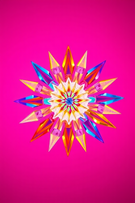 Create a vibrant abstract image with a starburst pattern and colorful crystal shapes against a pink background, using a Canon EOS R5, f/8 aperture, 1/125 shutter speed, ISO 100, 24mm lens, and a wide-angle view for enhanced depth and detail.