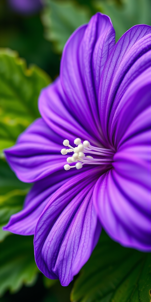 Create a highly detailed illustration of a purple flower with white centers and lush green leaves, using a Canon EOS R5 with a 100mm macro lens, aperture set to f/2.8, ISO 100, soft natural lighting, and a shallow depth of field for an artistic and vibrant composition.