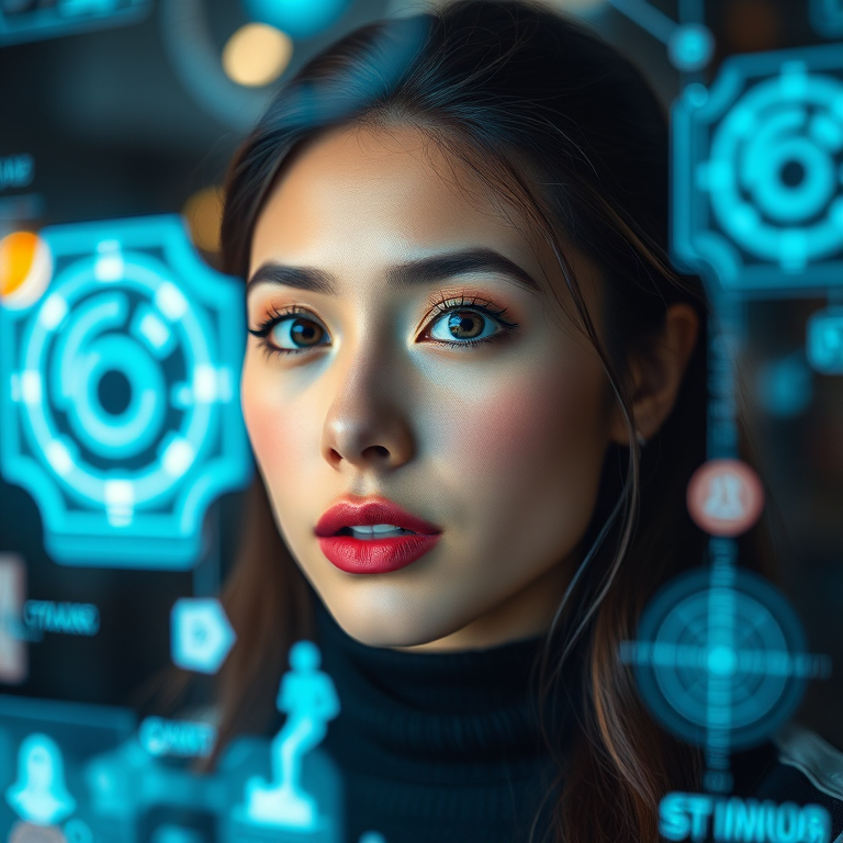 Create a futuristic portrait of a young woman interacting with holographic technology, focus on her expressive features and the glowing interfaces around her, using a Canon EOS R5 with a 50mm f/1.2 lens, aperture set to f/1.8 for a shallow depth of field, ISO 100, and a soft focus background to enhance the clarity of the subject.