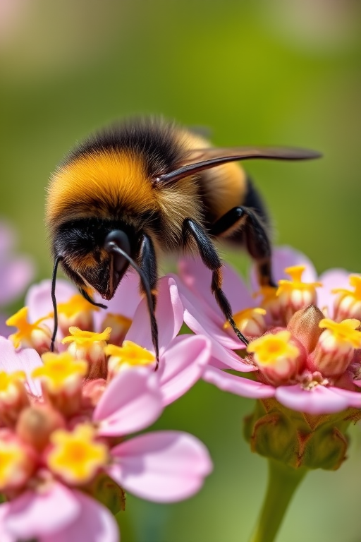 Close-up shot of a bumblebee on flowers, shallow depth of field, f/2.8 aperture, 100mm macro lens, ISO 200, natural lighting, Nikon D850, vibrant colors and high detail.