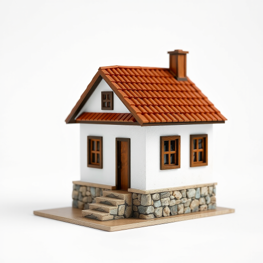 Create a highly detailed 3D rendering of a small house model with a brown tiled roof, white walls, and a stone foundation, using a Canon EOS 5D Mark IV with a 50mm lens, aperture set to f/8, ISO 100, and a shallow depth of field, shot at an angle that highlights the house's features against a plain white background.