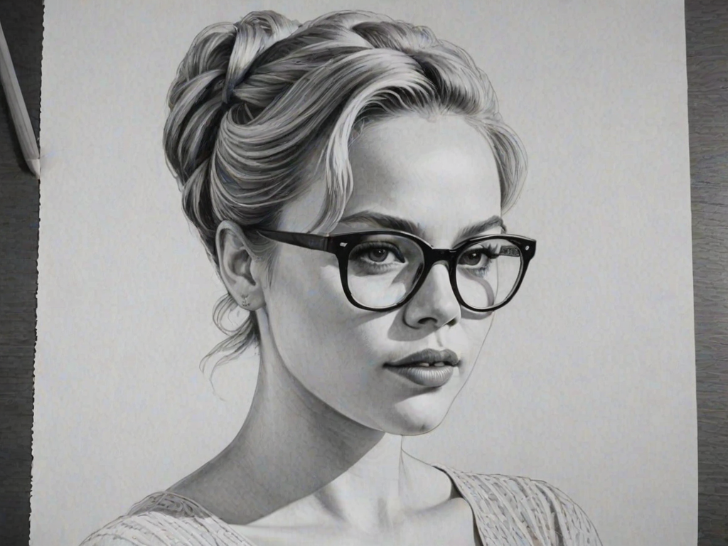 Lovely Abbie Cornish, pencil sketch, portrait of Resplendent woman 1956s in glasses, hair style beatnik, outline, clear lines, fine lines, 8k