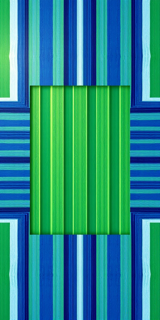 Generate an abstract image of a patterned frame with blue and green stripes in the center, using a DSLR camera at f/8 aperture, ISO 100, 50mm lens, shot from a straight-on view with natural lighting to enhance details and color vibrancy.
