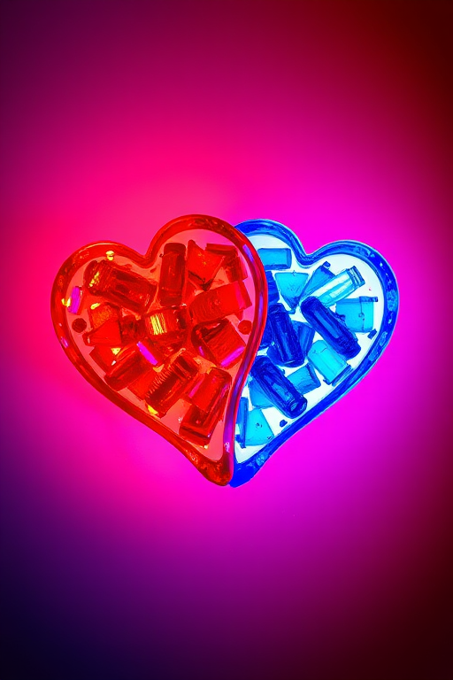 Create an image of two hearts, one filled with red and the other with blue elements, using a Canon EOS R5, aperture f/8, ISO 100, focal length 50mm, overhead view, high-resolution digital style.