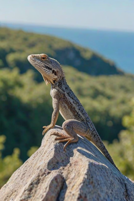generate an image of a lizard perched on a rock with a clear blue sky and greenery in the background