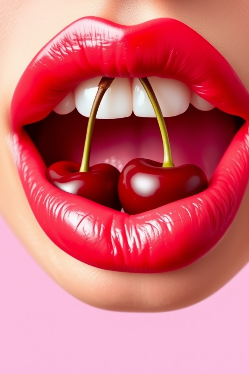 Generate a vibrant illustration of luscious lips holding two cherries, with a soft pink background, using a Canon EOS 5D Mark IV, 50mm lens, f/1.8 aperture, 1/200 sec shutter speed, and natural lighting to create a sharp and detailed image.