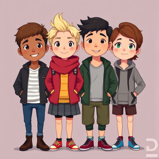 Create an illustration of four cartoonish characters standing side by side, showcasing diverse clothing styles, in high resolution with a detailed texture, using a digital drawing tablet, 300 DPI, top-down view, with a focus on vibrant colors and smooth line art.