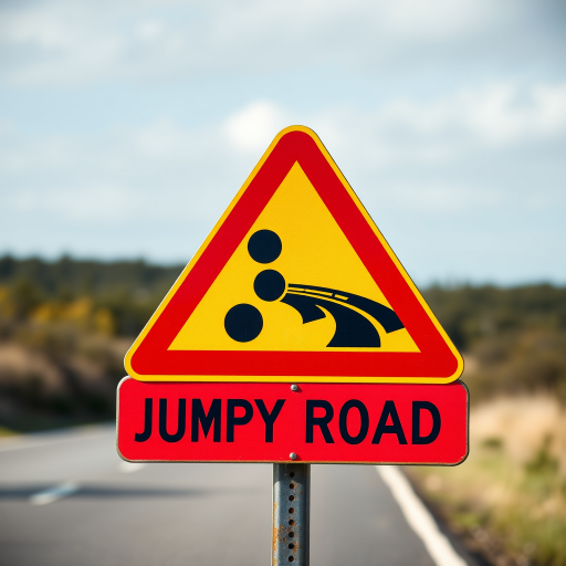 Create a high-resolution image of a warning sign for bumpy roads, featuring a triangular design with a red border and a yellow center, emphasizing the black symbol of bumps, using a DSLR camera with a focal length of 50mm, aperture set at f/8, ISO 100, and a frontal view for clarity.