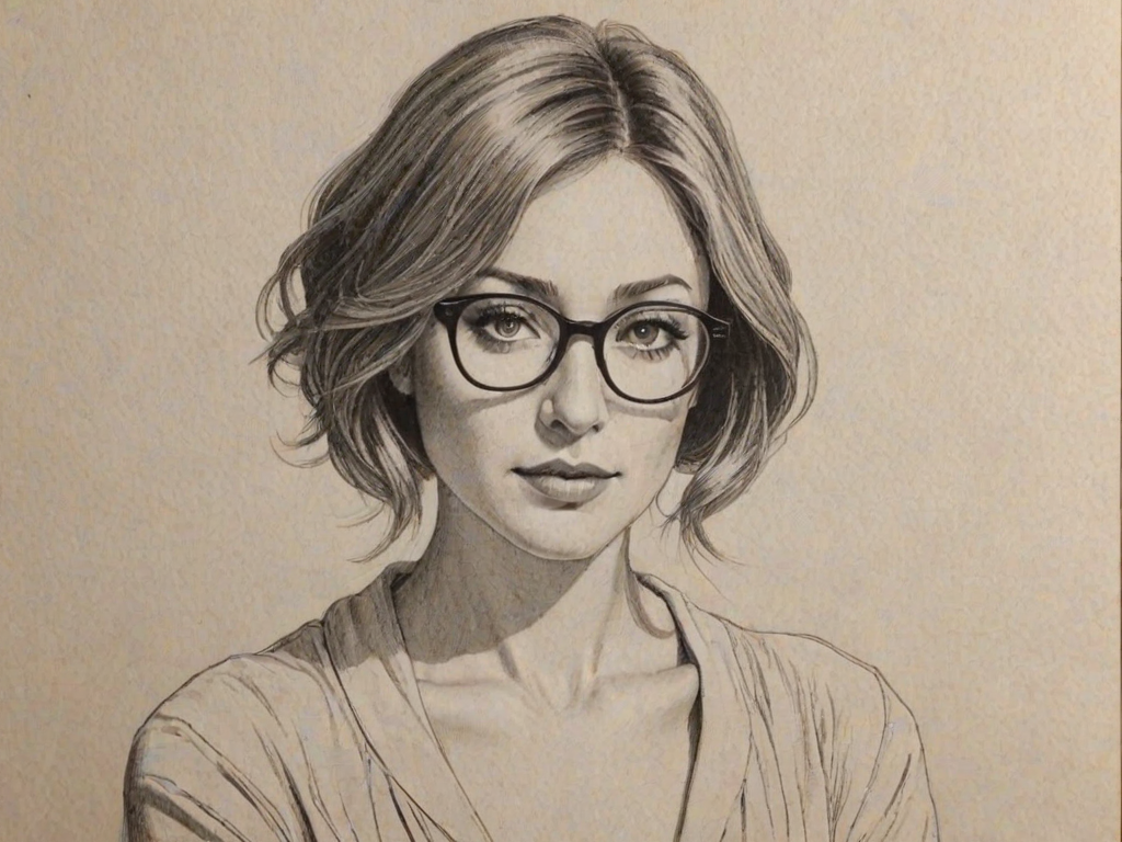Superb Sasha Alexander, pencil sketch, portrait of Stunning woman 1926s in glasses, hair style beatnik, outline, clear lines, fine lines, 8k