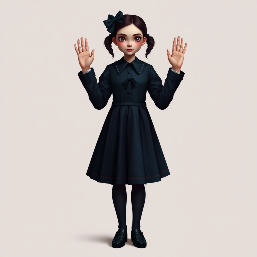 Digital art, full height portrait of Wednesday Addams, standing up with her hands in the air as if in a hold-up. Her dark, gothic attire replaces Alice’s classic blue dress, and she wears black shoes instead of blue. A small, neat black bow adorns her hair, capturing her signature style. The overall composition maintains a whimsical yet eerie tone, similar to Alice in Wonderland, while showcasing Wednesday’s iconic gothic charm.