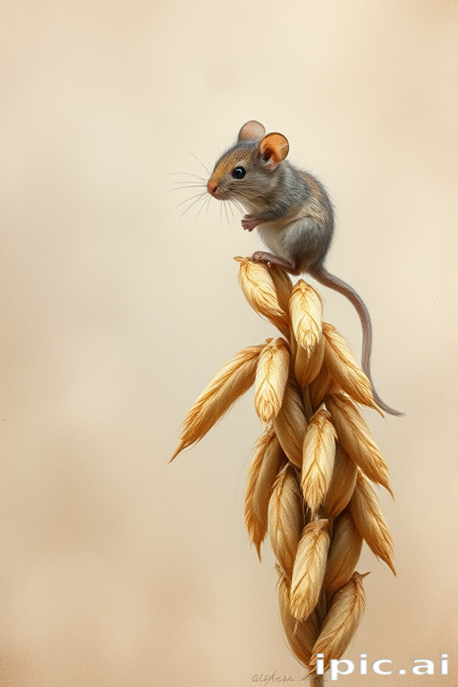 Soft, muted Alcohol Ink with ebru effect background image of tiny whimsical mousey, who climbed high on the top of a golden rye ear.
