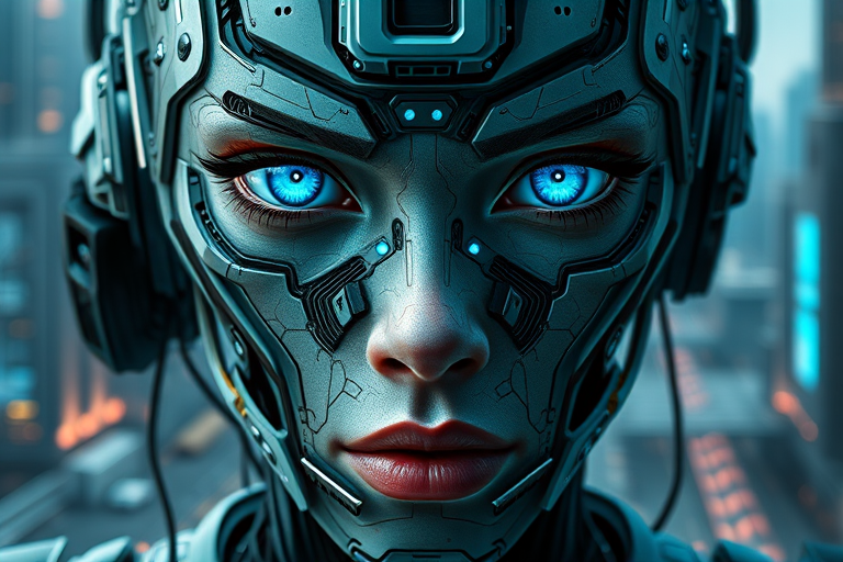 Create a hyper-realistic portrait of a futuristic cyborg with striking blue and green eyes, intricate facial circuitry, and a detailed background of a sci-fi cityscape, captured with a Canon EOS R5, 50mm lens, f/1.8 aperture, ISO 100, shot in portrait mode for enhanced depth of field and vibrant colors.