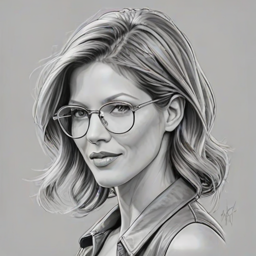 Captivating Tricia Helfer, pencil sketch, portrait of Exquisite woman 1921s in glasses, hair style beatnik, outline, clear lines, fine lines, 8k