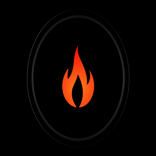 Generate a high-resolution image of a stylized flame logo centered within a circular frame, with a matte black background, using a Canon EOS R5 camera, 50mm lens at f/1.8, ISO 100, with soft natural lighting and a slight vignette effect for depth.